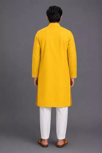 Mustard yellow embroidered cotton silk kurta set
