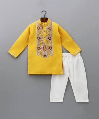 Mustard yellow embroidered cotton silk kurta set 3