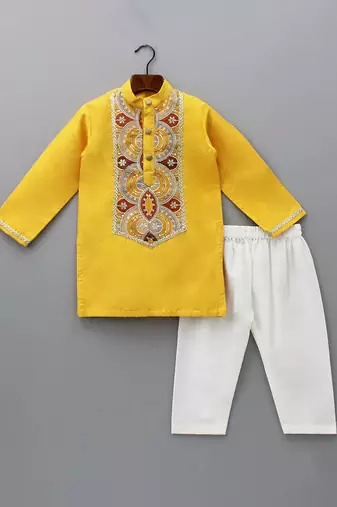 Mustard yellow embroidered cotton silk kurta set