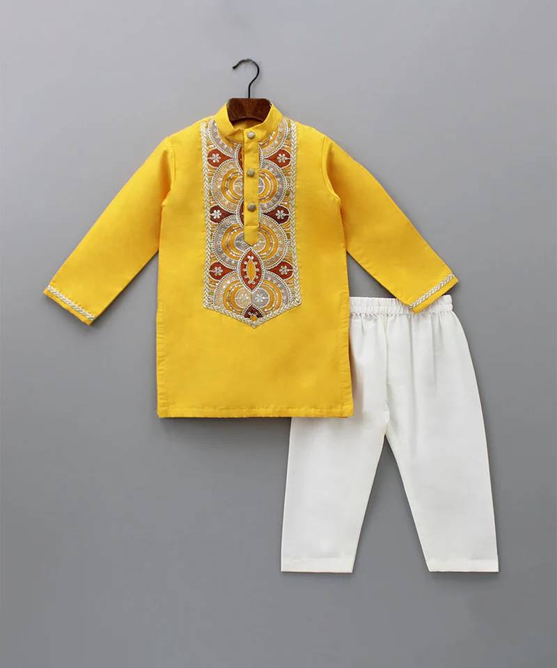 Mustard yellow embroidered cotton silk kurta set
