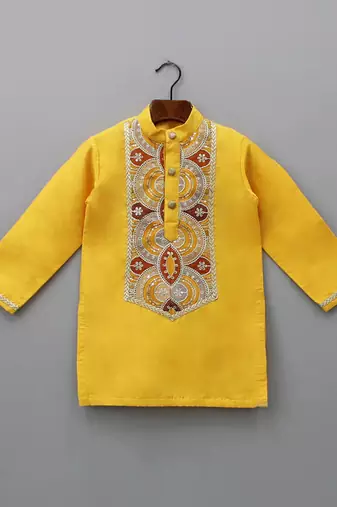 Mustard yellow embroidered cotton silk kurta set