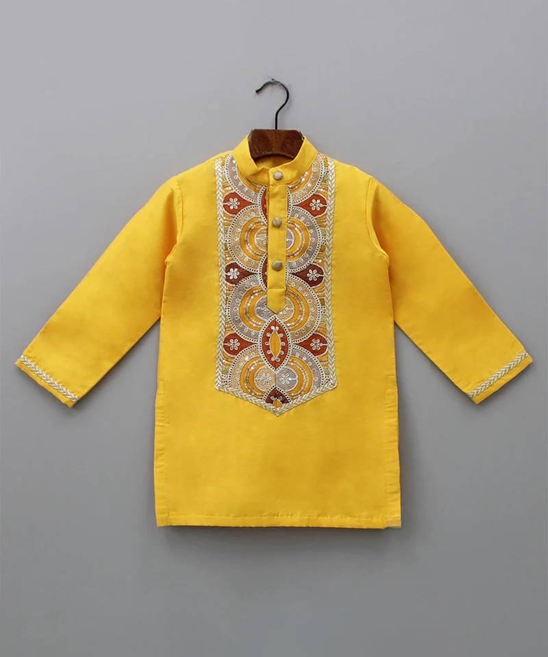 Mustard yellow embroidered cotton silk kurta set