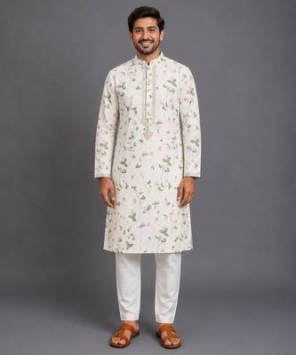 Off white printed cotton silk kurta set 1