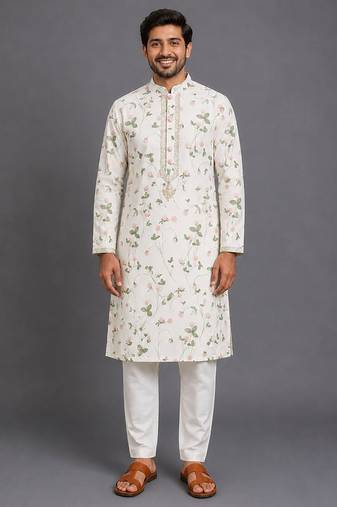 Off white printed cotton silk kurta set