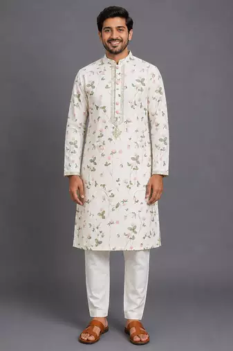 Off white printed cotton silk kurta set