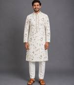 Off white printed cotton silk kurta set