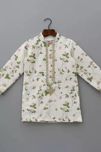 Off white printed cotton silk kurta set
