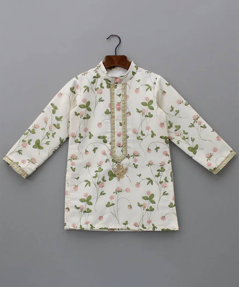 Off white printed cotton silk kurta set