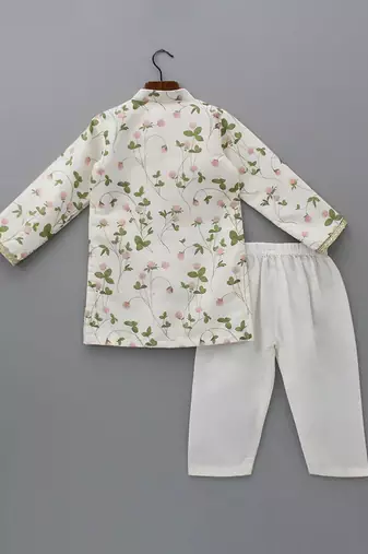 Off white printed cotton silk kurta set