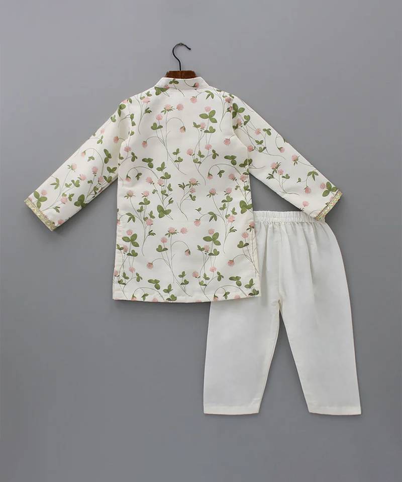 Off white printed cotton silk kurta set