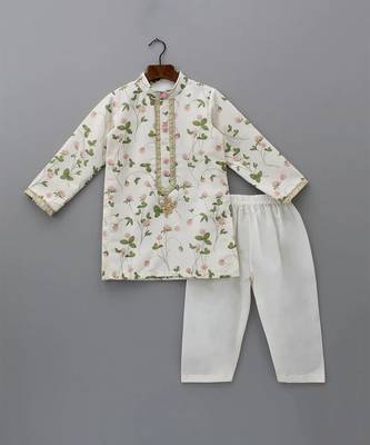 Off white printed cotton silk kurta set 4