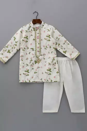 Off white printed cotton silk kurta set
