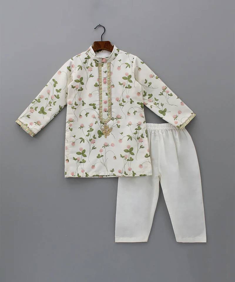 Off white printed cotton silk kurta set