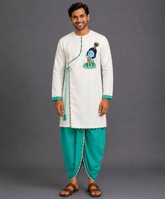Green embroidered cotton silk dhoti kurta set 1