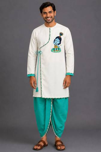 Green embroidered cotton silk dhoti kurta set