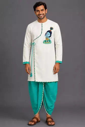 Green embroidered cotton silk dhoti kurta set