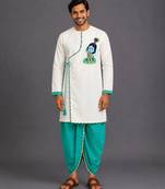 Green embroidered cotton silk dhoti kurta set