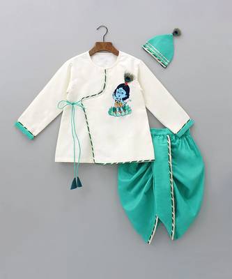 Green embroidered cotton silk dhoti kurta set 4