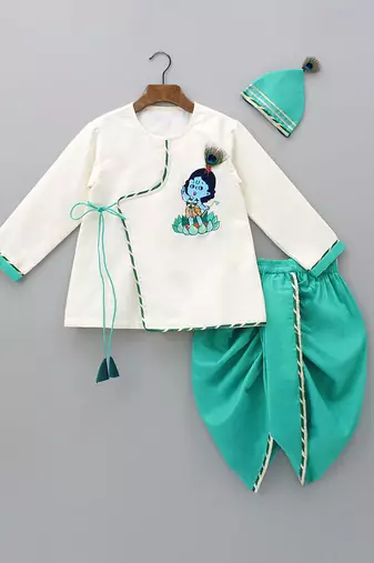 Green embroidered cotton silk dhoti kurta set