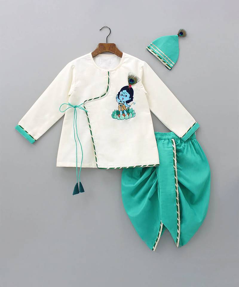 Green embroidered cotton silk dhoti kurta set
