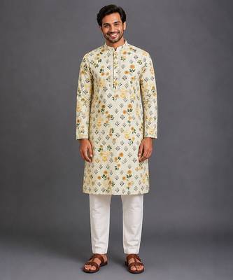 Beige printed cotton silk kurta set 1