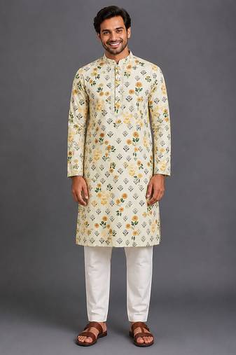 Beige printed cotton silk kurta set