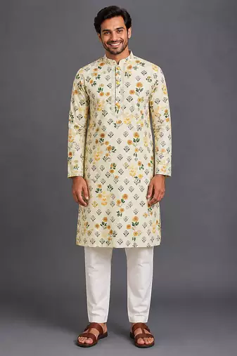 Beige printed cotton silk kurta set