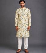Beige printed cotton silk kurta set