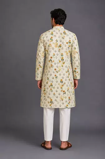 Beige printed cotton silk kurta set