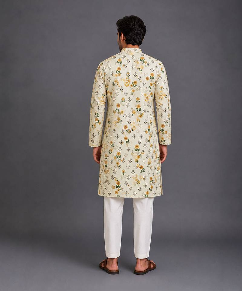 Beige printed cotton silk kurta set