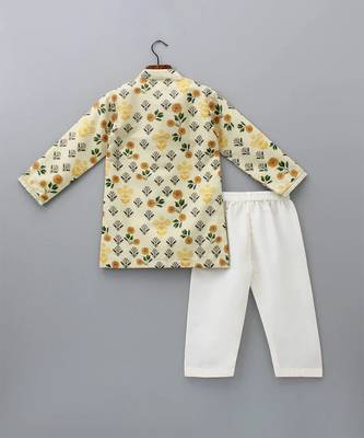 Beige printed cotton silk kurta set 3