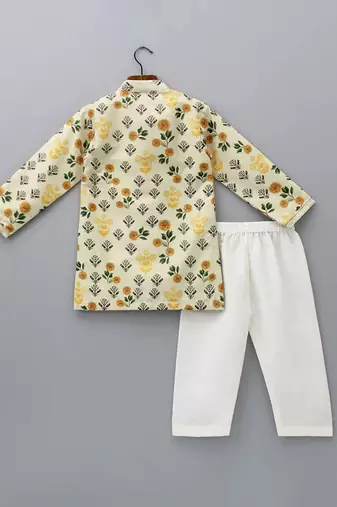 Beige printed cotton silk kurta set