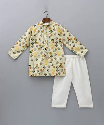 Beige printed cotton silk kurta set 4