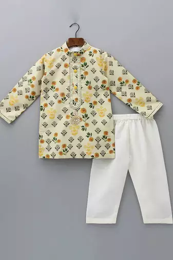 Beige printed cotton silk kurta set