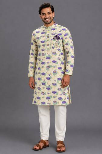 Off white printed cotton silk kurta set