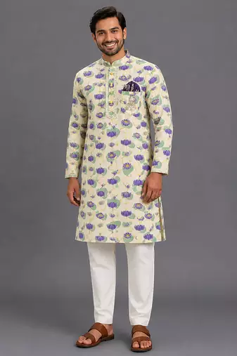 Off white printed cotton silk kurta set