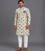 Off white printed cotton silk kurta set