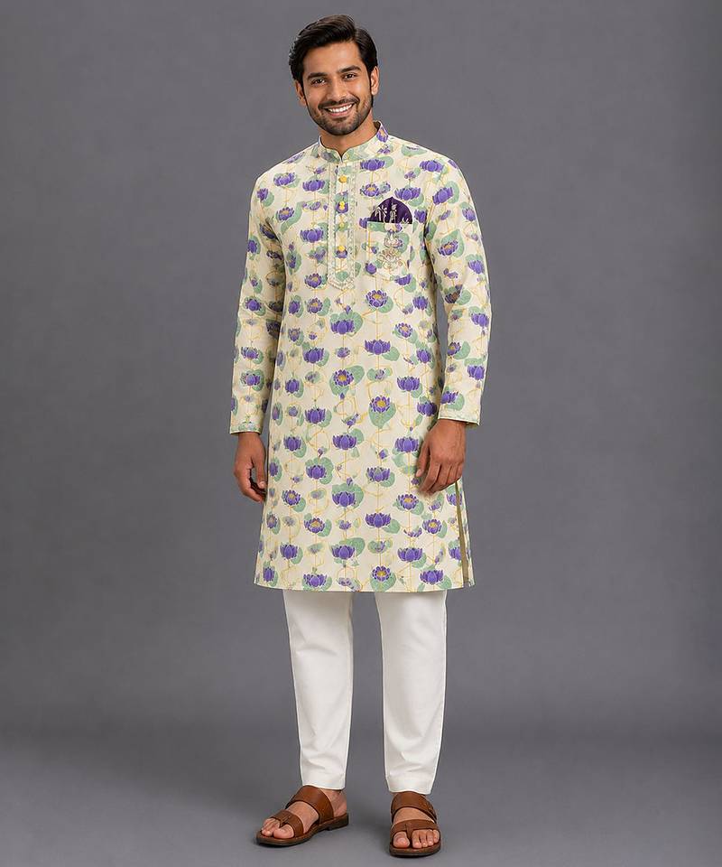 Off white printed cotton silk kurta set