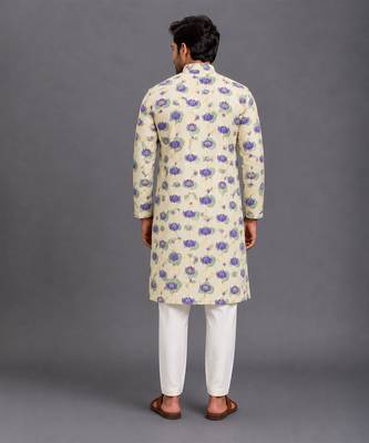 Off white printed cotton silk kurta set 2