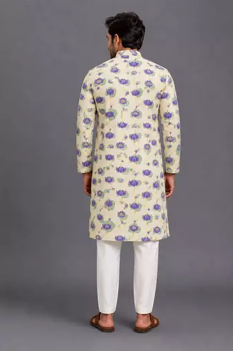 Off white printed cotton silk kurta set
