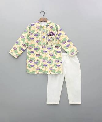 Off white printed cotton silk kurta set 3