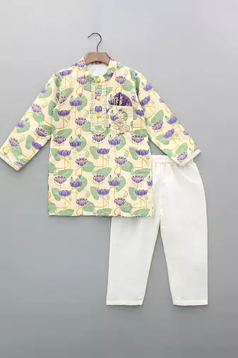 Off white printed cotton silk kurta set