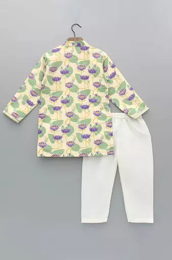 Off white printed cotton silk kurta set