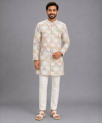 White embroidered cotton silk bandhgala set 1