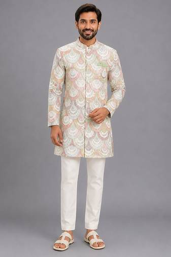 White embroidered cotton silk bandhgala set