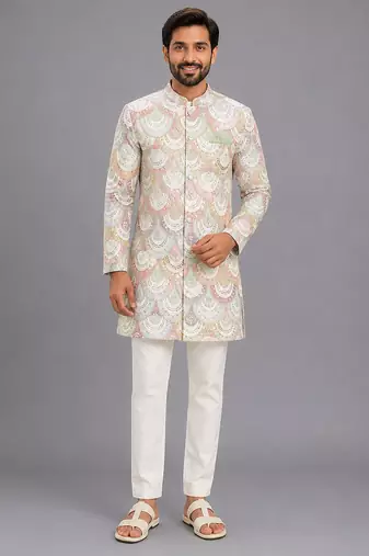 White embroidered cotton silk bandhgala set