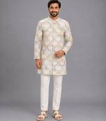 White embroidered cotton silk bandhgala set