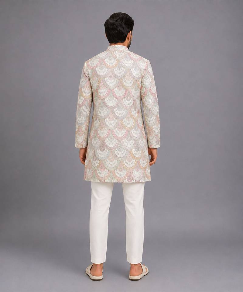 White embroidered cotton silk bandhgala set