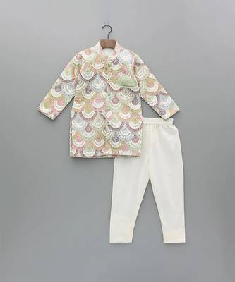 White embroidered cotton silk bandhgala set 4