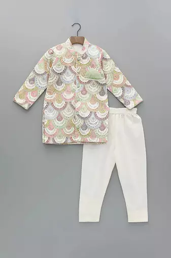 White embroidered cotton silk bandhgala set